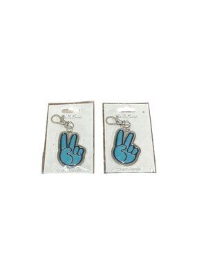 Peace Sign Keychain Charm Dangle Blue & Silver With Lobster Clasp - Set Of 2